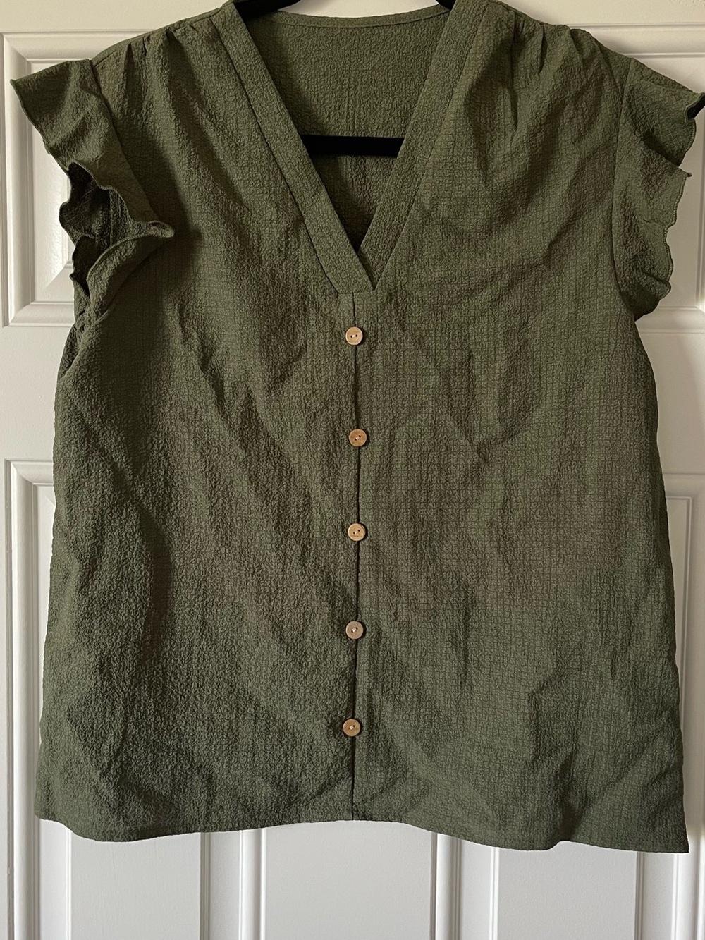 V-Neck Olive Green Button-Front Blouse